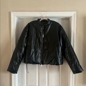NWT BoohooMan Boxy Black Padded Faux Leather Bomber Jacket